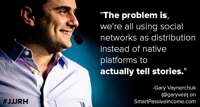 Gary Vee quote card to repurpose audio content, with a picture of Gary on the left and the quote "The problem is, we're all using social networks as distribution instead of native platforms to actually tell stories."