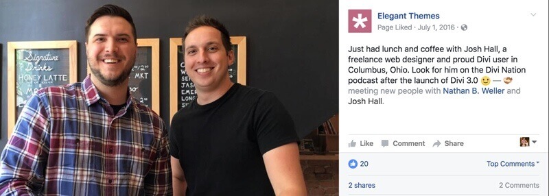 Facebook post for Elegant Themes featuring Josh. It has a photo of Josh and the writer, Nathan, in a coffee shop
