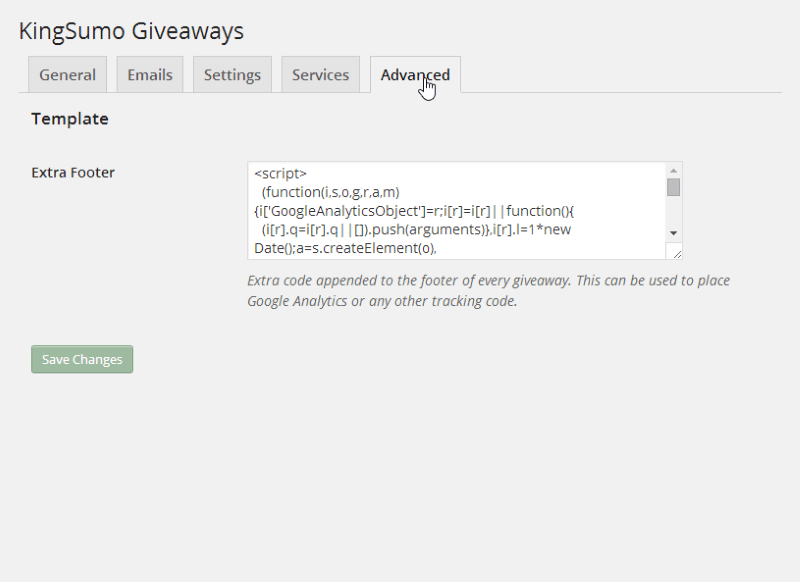 KingSumo WordPress panel Advanced tab: A place to add a script into the footer