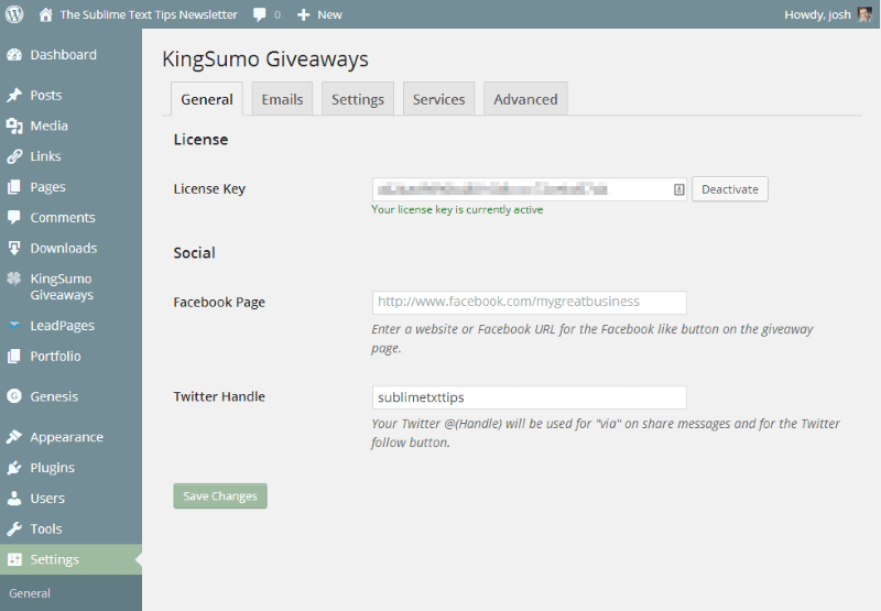 KingSumo Settings panel in WordPress has five tabs: General, Emails, Settings, Services, Advanced.

On the General tab, there is a place to enter or to deactivate a license key, a place to enter a Facebook page and a Twitter handle, and then a Save Changes button.