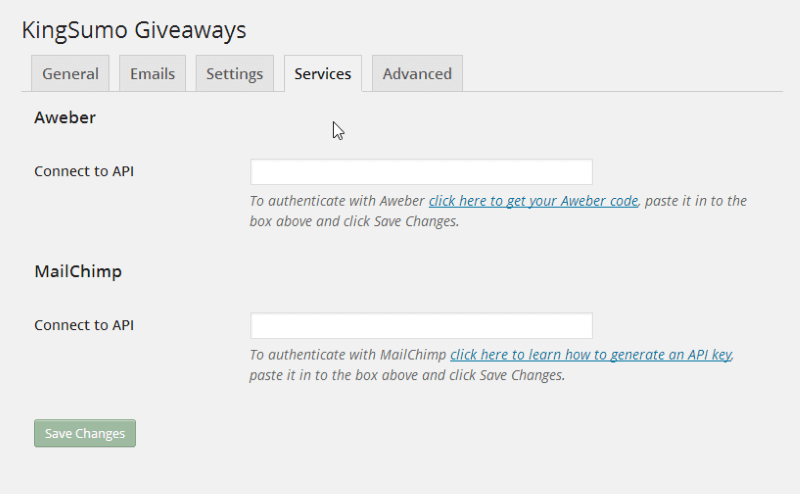 KingSumo WordPress panel Services tab: A place to connect either the Aweber or MailChimp APIs