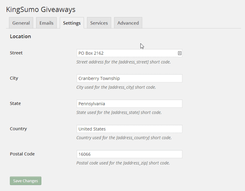 KingSumo WordPress panel Settings tab: A place to enter the giveaway address.