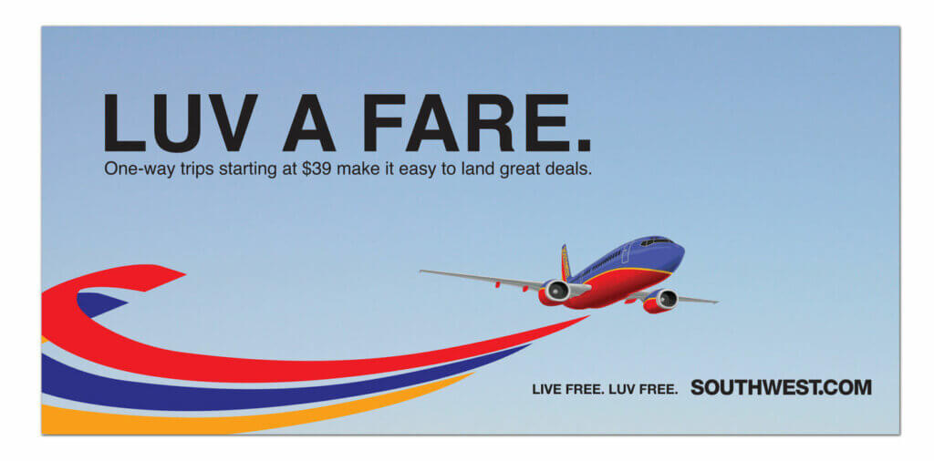 Southwest Airlines advertisement reading "LUV A FARE. One-way trips starting at $39 make it easy to land great deals."