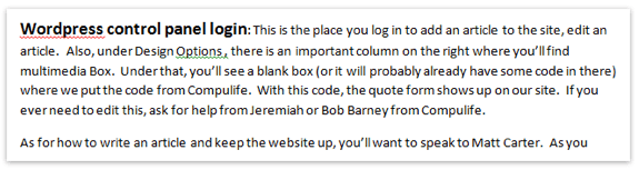 Screenshot of text that reads: WordPress control panel login: This is the place you log in to add an article to the site, edit an article. Also, under Design Options, there is an important column on the right where you'll find multimedia box. Under than, you'll see a blank box...