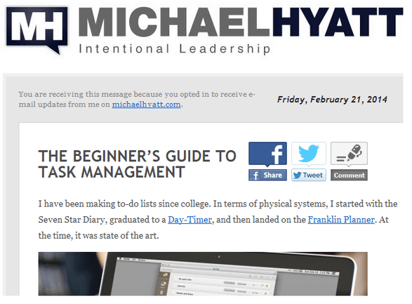 Email from Michael Hyatt is more heavily formatted with a banner logo and social sharing icons.
