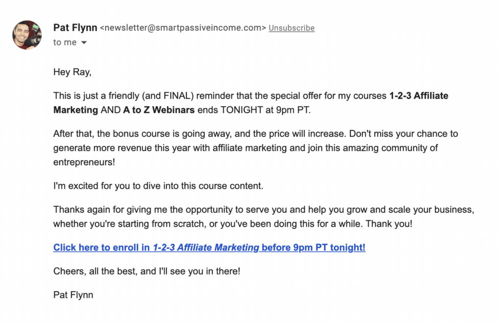 An image of an email from Pat to promote an offer for 1-2-3 Affiliate Marketing and A to Z Webinars. The email has no images, just text and just one link to the promotion.