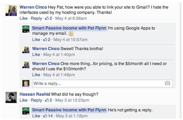 Screenshot showing Pat answering questions on Facebook