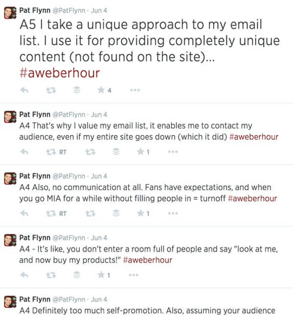 Several tweets from Pat answering questions during an Aweber chat