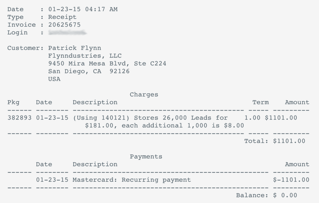 Pat's Aweber bill: 26,000 leads for $181, each additional 1,000 is $8.00. Total amount: $1101.00