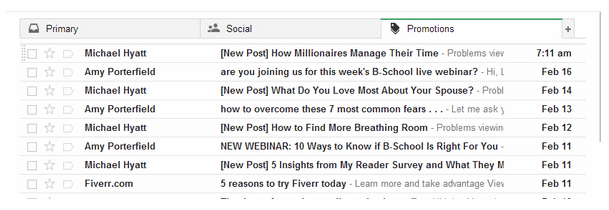 Image of Gmail inbox with Primary, Social, and Promotions tabs. Promotions is selected and all the newsletters are there.