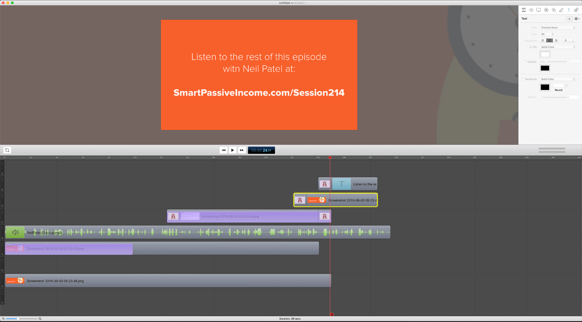 Repurpose audio with Screenflow: Shows an audio clip with some edits in the timeline, along with an orange card that reads: "Listen to the rest of this episode with Neil Patel at SmartPassiveIncome.com/Session214