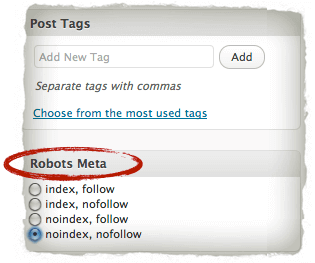 Screenshot of WordPress back end sectioned Robots Meta. The radio dial options are "index, follow," "index, no follow," "no index, follow," and "no index, no follow."