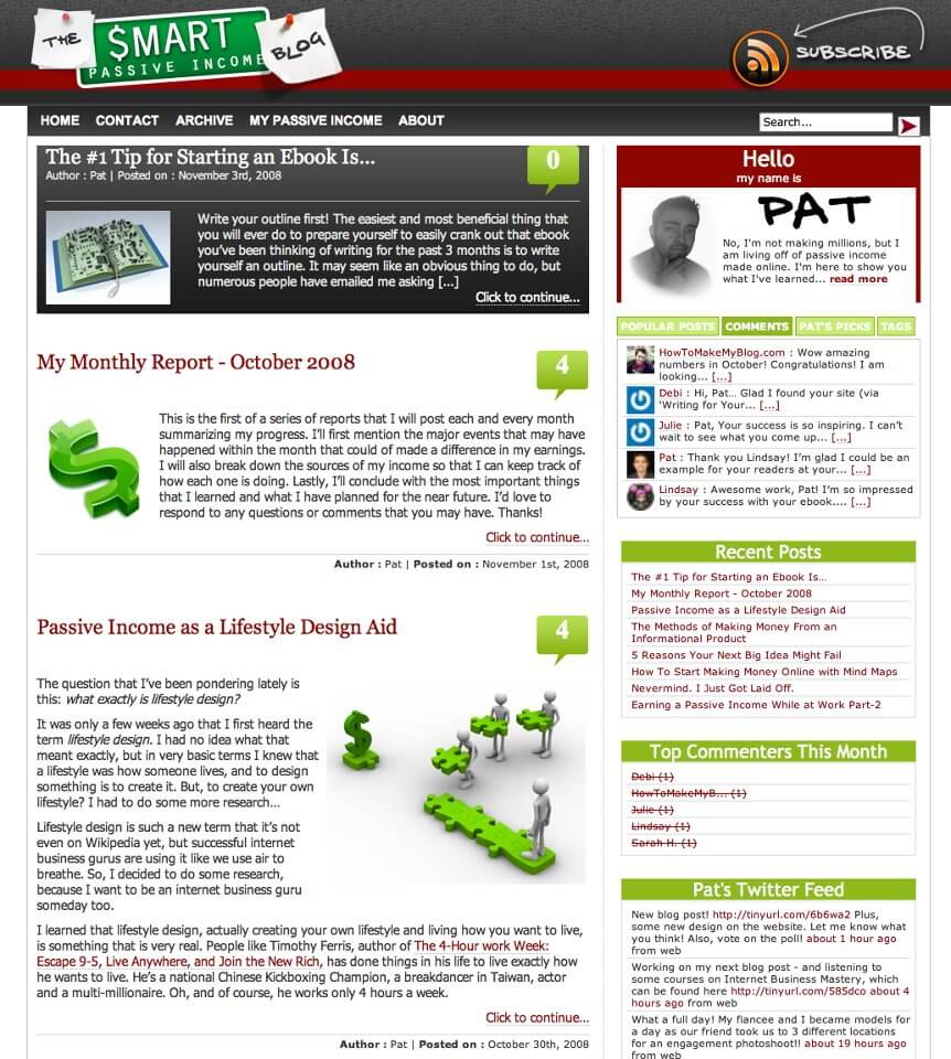 This website uses a green, red, and grey theme. The header has a gray background with a title that looks like sticky notes on either side of a green license plate that says $mart Passive Income. The whole thing reads "The Smart Passive Income Blog." Also on the grey sidebar are a horizontal red stripe and a subscribe button with the word "Subscribe."

The main body of the site is white, however the featured post at the top has a dark grey background with white text. Blog posts feature in the main panel. At the top of the right-hand sidebar is "Hello my name is Pat" with a picture of Pat. Below that are sections: a switcher between Popular Posts, Comments, Pat's picks, and Tags. Next is a list of recent posts, followed by a list of top commenters for the month, followed by Pat's Twitter feed.