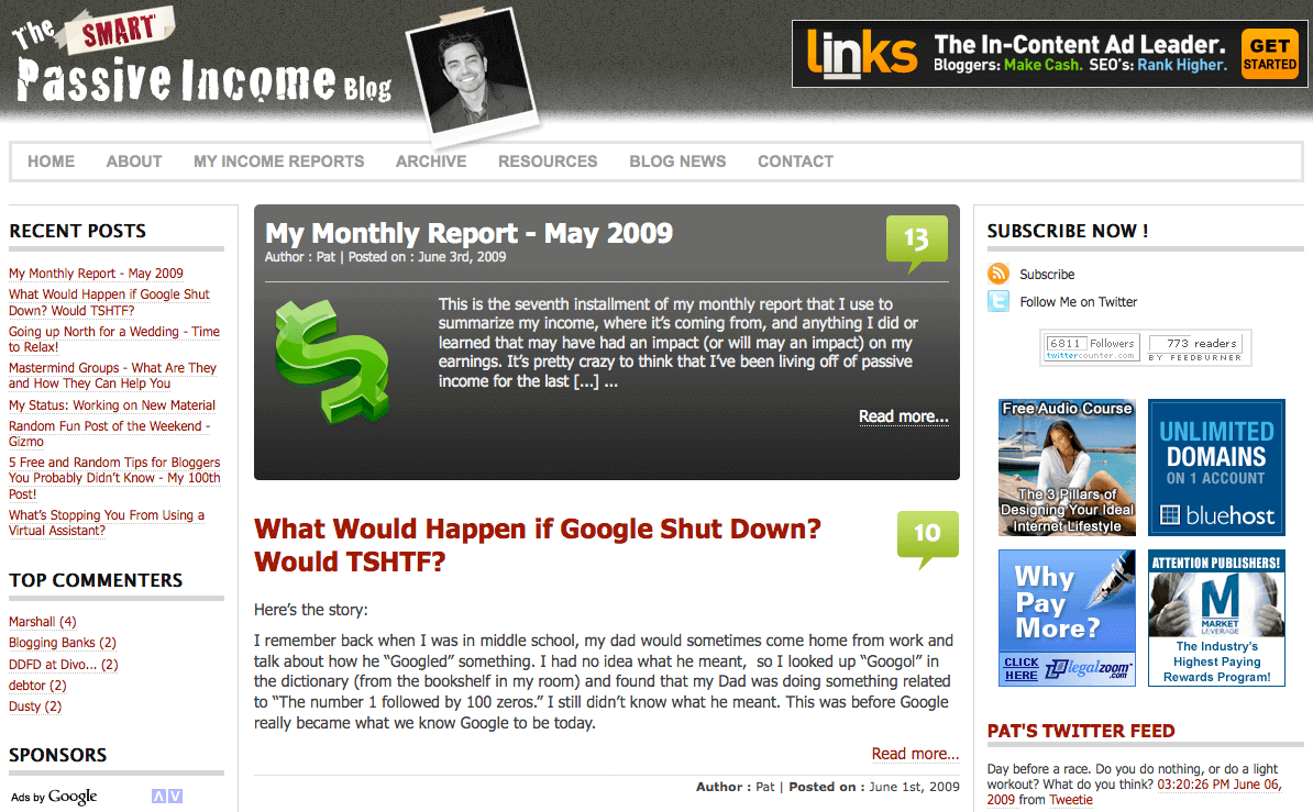 Dark grey header bar with "The SMART Passive Income Blog" at the top, next to a Polaroid-type photo of Pat. On the right-hand of the header bar is a banner ad for "Links The In-Content Ad Leader."

The menu bar stretches underneath the header. The sidebar is on the left-hand side, with a list of recent posts, top commenters, and sponsors. The main content section has a featured post at the top in a grey background. Below that are other posts. The right-hand sidebar has "Subscribe Now" at the top, with icons for RSS and for Twitter. A counter box tells the current number of Followers and Readers: 6911 and 773. Underneath that is a 2 x 2 grid of ads,