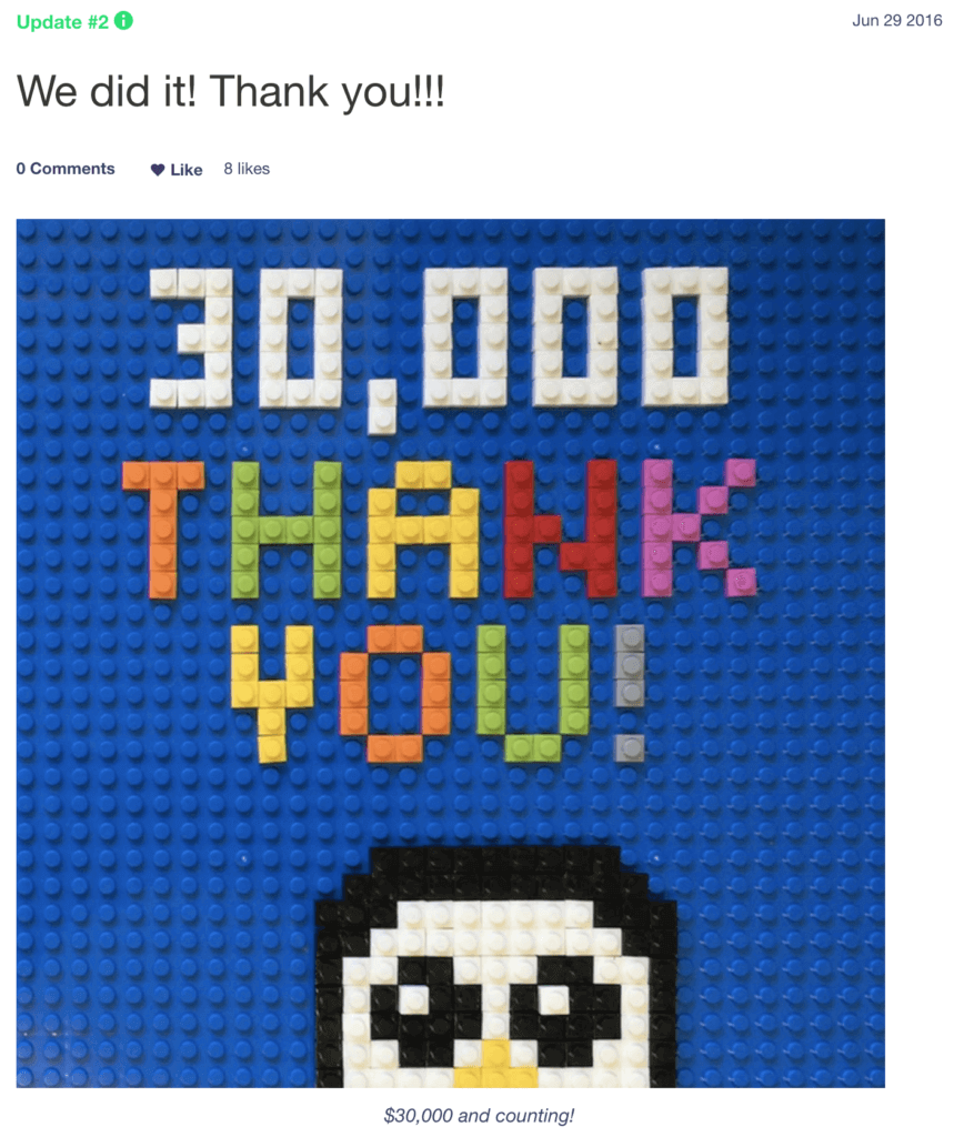 Image of Update #2: We did it! Thank you! It shows a blue Brik Book with LEGO spelling out "30,000 Thank You!" and a little penguin head