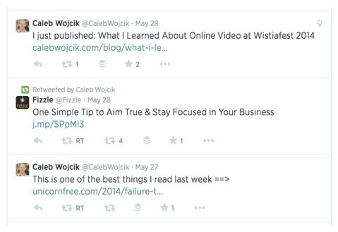 Caleb Wojcik's Twitter stream, showing several posts over two days