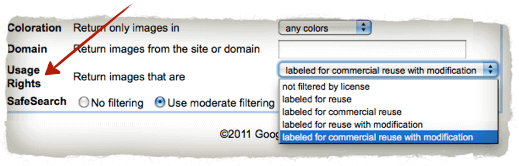 Dropdown box to select image usage rights