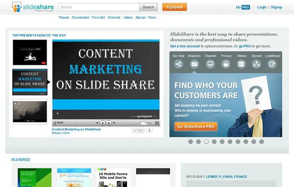 Slideshare homepage with Gregory's presentation, Content Marketing of Slideshare, featured in the top presentations of the day.