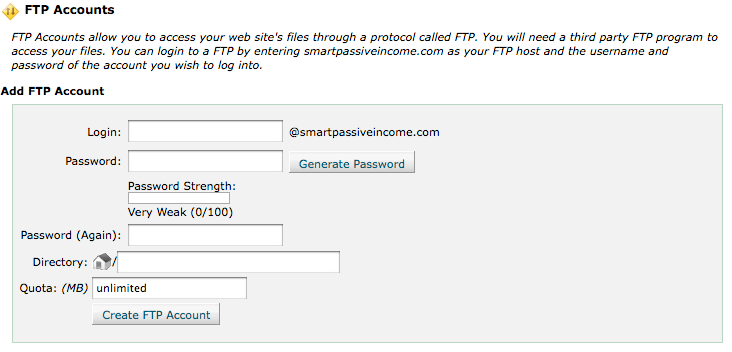 Add FTP account form, asking for login, password, directory, and quota (MB)