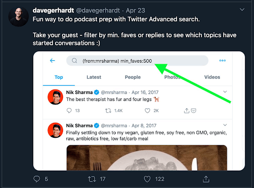 screenshot of Dave Gerdhardt's Twitter feed showing how he uses Twitter search to learn about podcast guests
