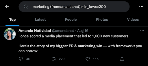 screenshot of Twitter search showing how to narrow search by keyword, author, and number of likes