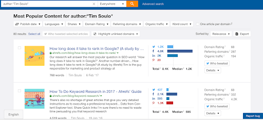 screenshot of LinkedIn search results by author name "Tim Soulo"