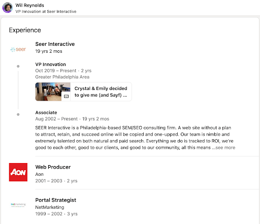 screenshot of example LinkedIn profile showing person's work experience