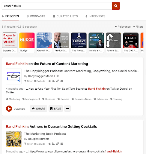 screenshot of ListenNotes search results page for "Rand Fishkin"