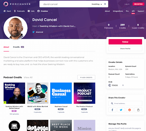 screenshot of Podchaser search results page for "David Cancel"