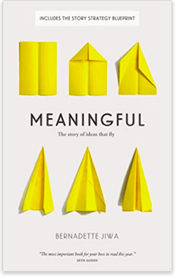The book cover for the book "Meaningful" by Bernadette Jiwa, which has six paper airplanes, each one step farther along in the folding process.