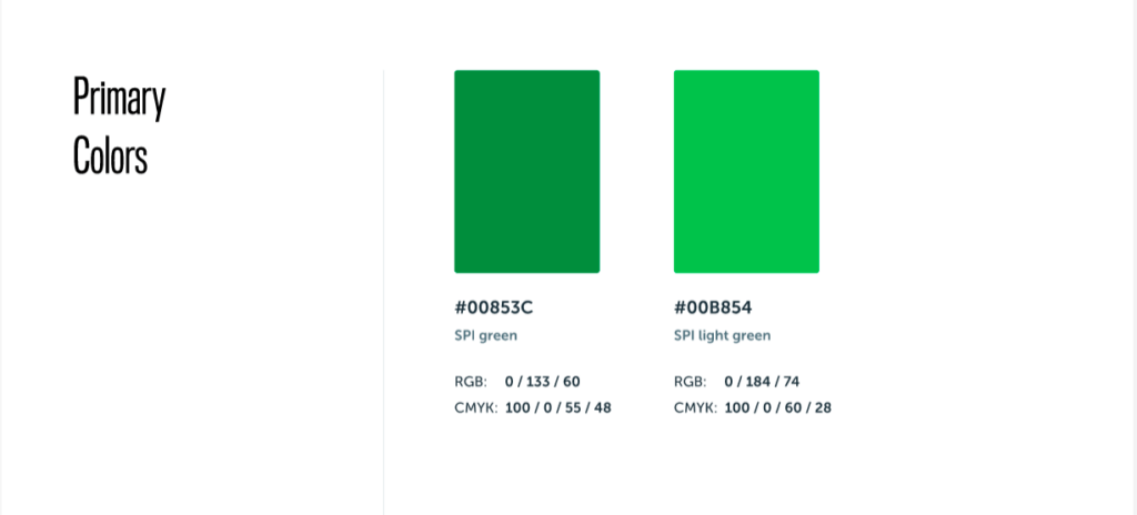 SPI style guide showing the two SPI green colors, #00854c and #00B854