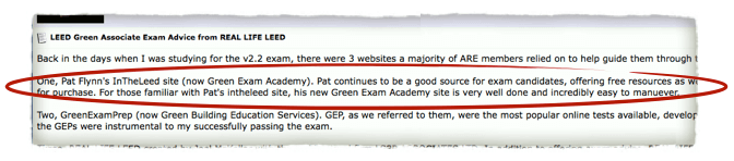 Screenshot of a forum post, where a user recommends Pat's Green Exam Academy website