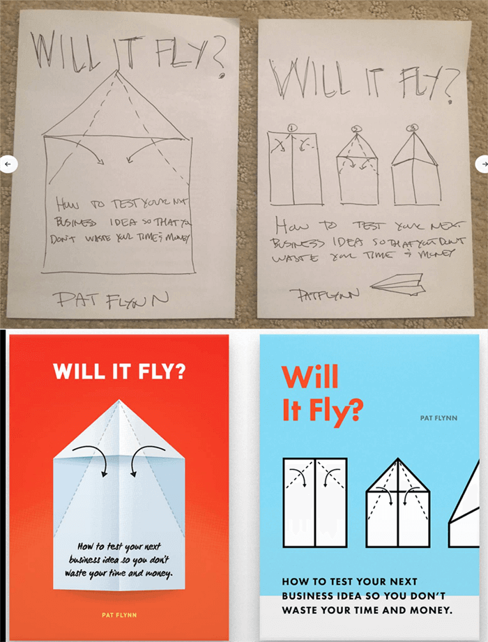 Sketches of the possible book cover, showing a line drawing of how to fold a paper airplane, and then the designed versions of the drawings