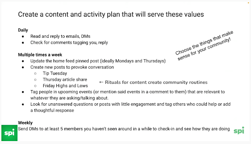 screenshot of slide from Jillian Benbow's CX Day presentation detailing a potential content and activity plan for an online community, including daily, multi-times a week, and weekly tasks