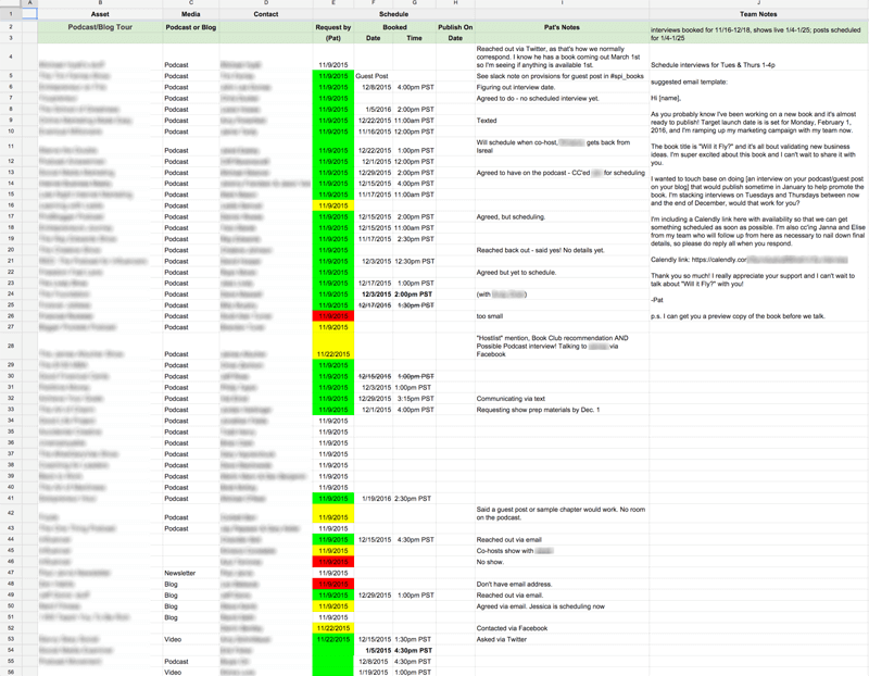 Screenshot of book marketing spreadsheet, tracking podcaster/blogger, request sent, and follow up status