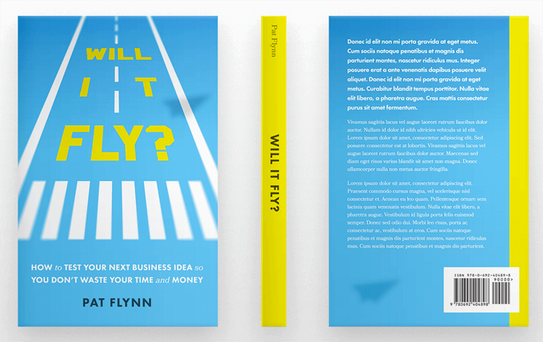 Image of the book cover mockup in sky blue with yellow. The image is of an airplane runway with the book title "Will It Fly?" on the runway.