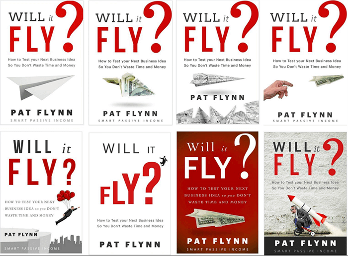 Eight possible versions of the book cover with variations on the paper airplane or of a guy flying with balloons attached, or a guy with a rocket strapped to his back.