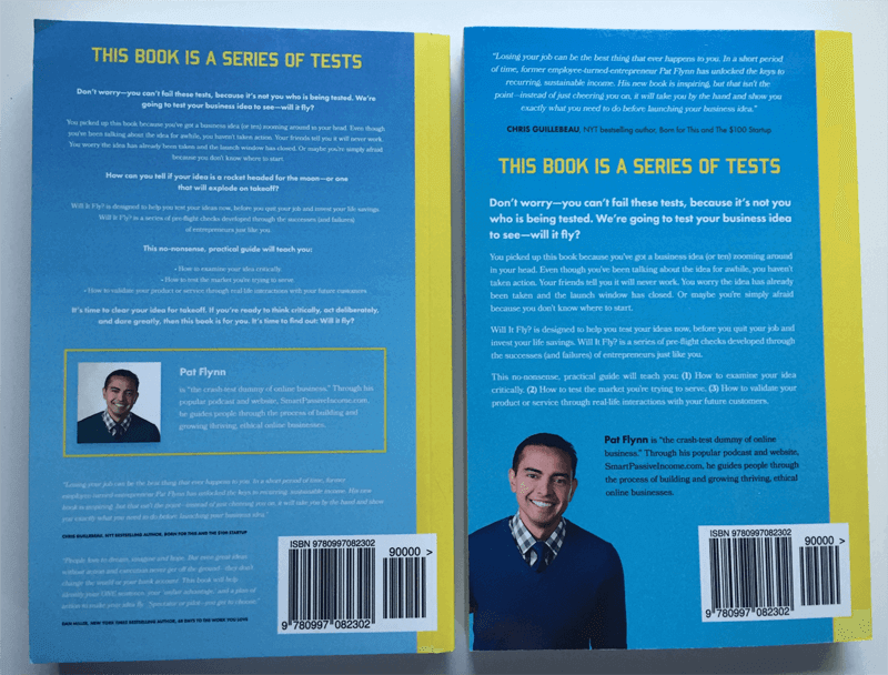 A side by side of the first back cover with the revised back cover. With the revision, there is less text in a larger font, and a larger picture of Pat.