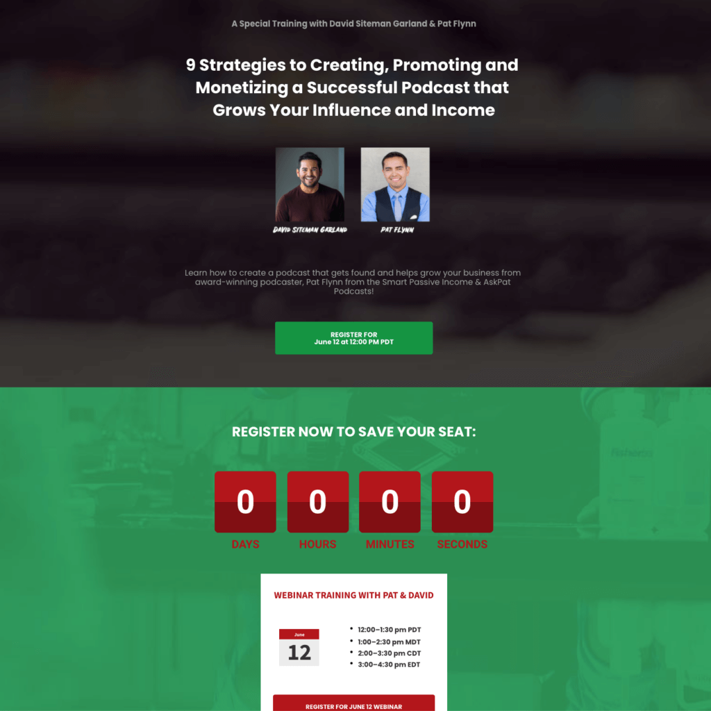 Webinar registration page with a guest, David Siteman Garland. It is similar to the other landing pages, but in this image, you can also see the countdown timer that is on all our landing pages, counting down the time until the webinar starts.