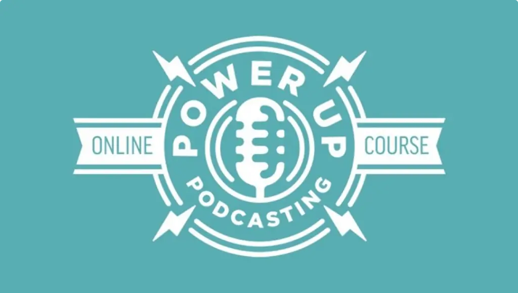 Power-Up Podcasting course logo with old-fashioned microphone in the center