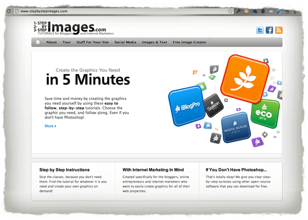 Screenshot of the Step by Step Images homepage, with the headline "Create the Graphics You Need in 5 Minutes."