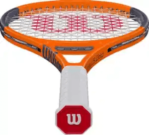 A picture of an orange Wilson tennis racquet.