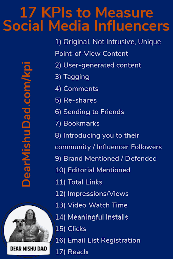 A list of 17 KPIs to measure social media influencers from Dear Mishu Dad.