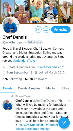 Chef Dennis social media profile screenshot on Twitter, username @AskChefDennis.