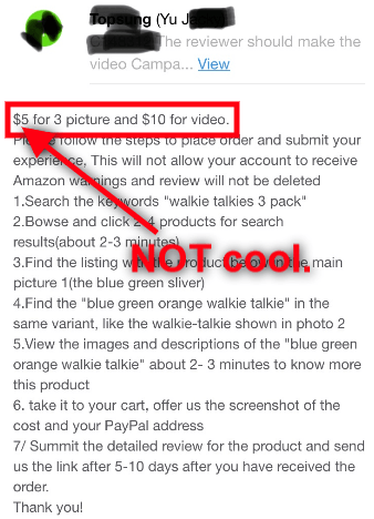 "Not cool" annotation on influencer marketing instructions, the first of which is annotated with a red box and includes the text "$5 for 3 picture and $10 for video."