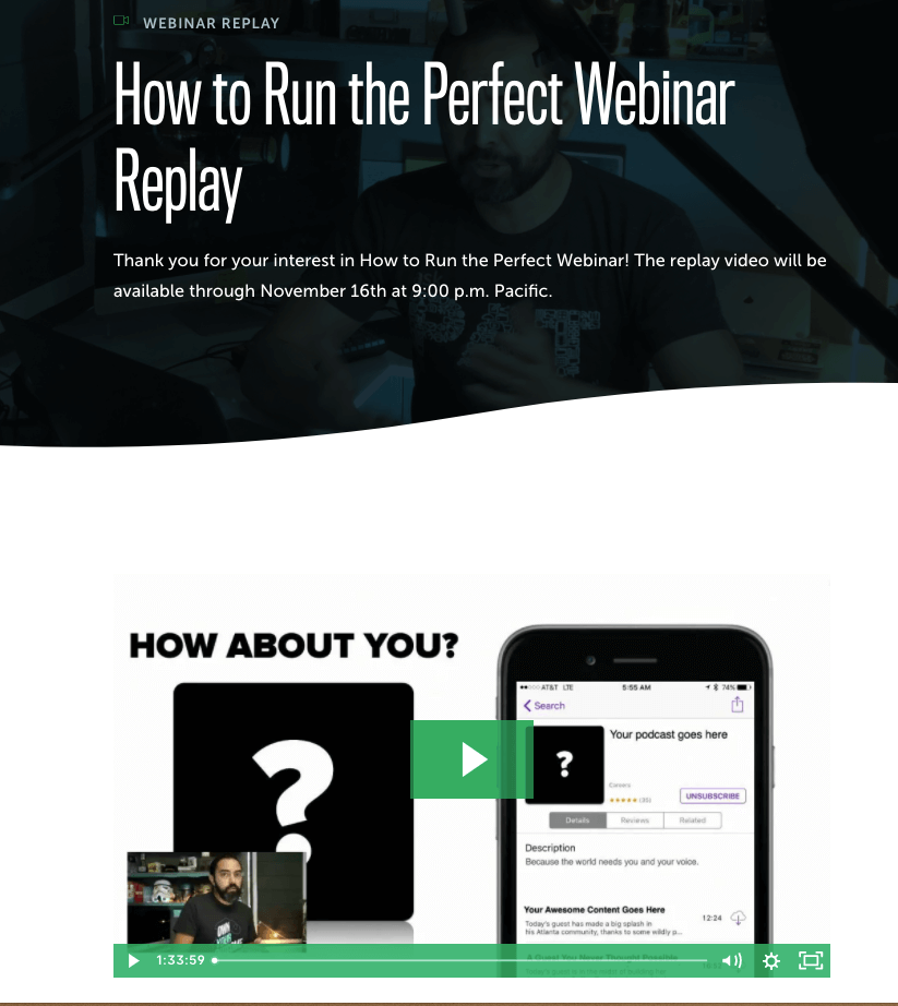 Landing page text reads:
"How to Run the Perfect Webinar Replay. Thank you for your interest in How to Run the Perfect Webinar! The replay video will be available through Noveber 16th at 9:00 PM Pacific."

Below that text is an embedded video of the webinar.