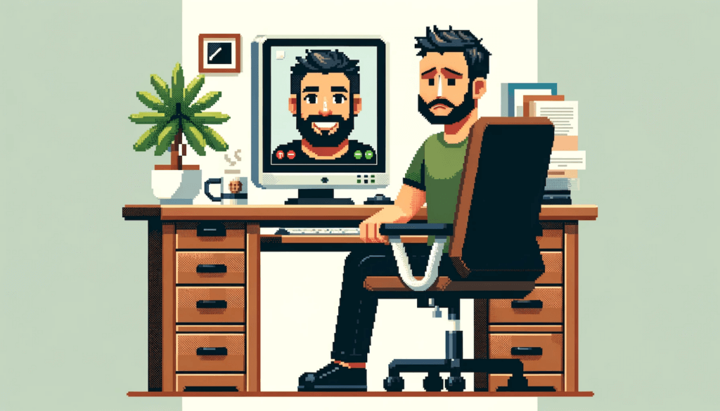 8-bit style image of a guy in a green shirt, sitting at a wooden desk. The guy looks sad. On the large computer screen is a happy-looking version of himself. The desk has a nice plant, a cup of coffee, and a stack of papers.
