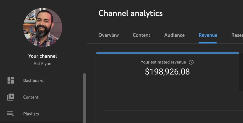 Pat Flynn YouTube channel earnings of $198,926.08