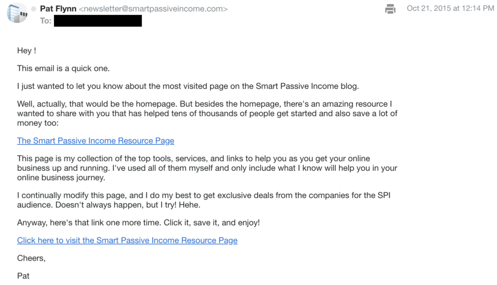 Screenshot of an effective email marketing example email. Email is from Pat Flynn and contains only text and two links.