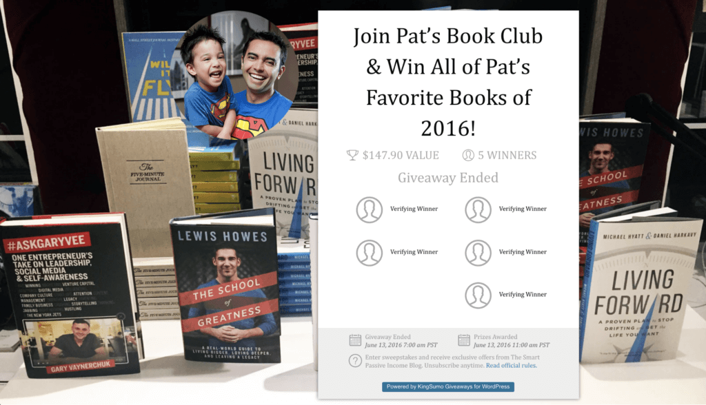 Email signup giveaway example shows a page with a bunch of business books and the headline "Join Pat's Book Club & Win All of Pat's Favorite Books of 2016!"